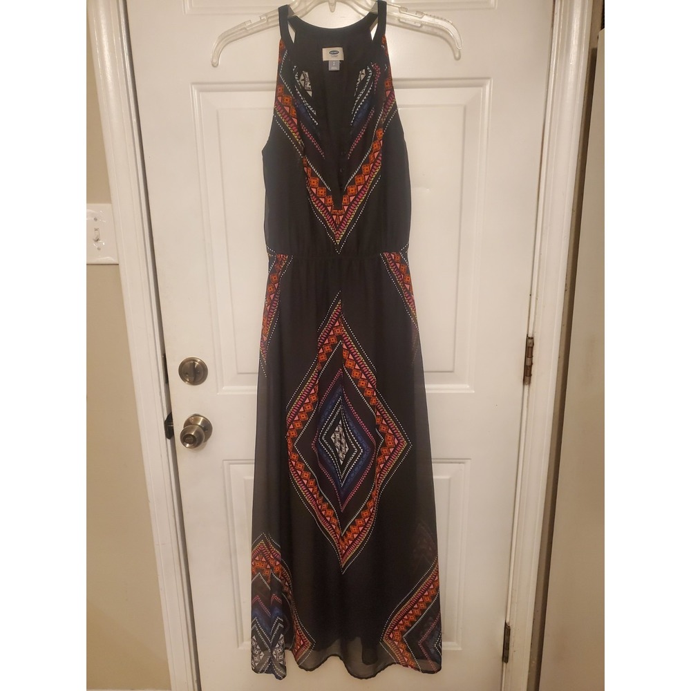 Old Navy Maxi Dress S‎ Black Geometric Print Slvlss Halter Boho Casual Chic